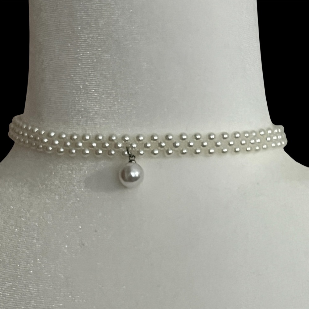 White Faux Pearl Choker Necklace Three Row Woven‎ Pearl Pendant Bridal Wedding